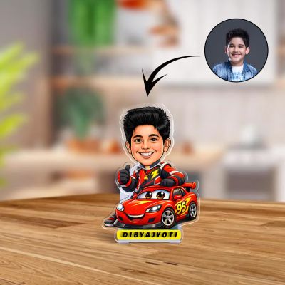 Personalized Racing Car Theme Bobblehead Caricature Standee for Car Dashboard Decor  Birthday Gift for Son, Brother, or Boyfriend  Solar Powered Moving Head Feature